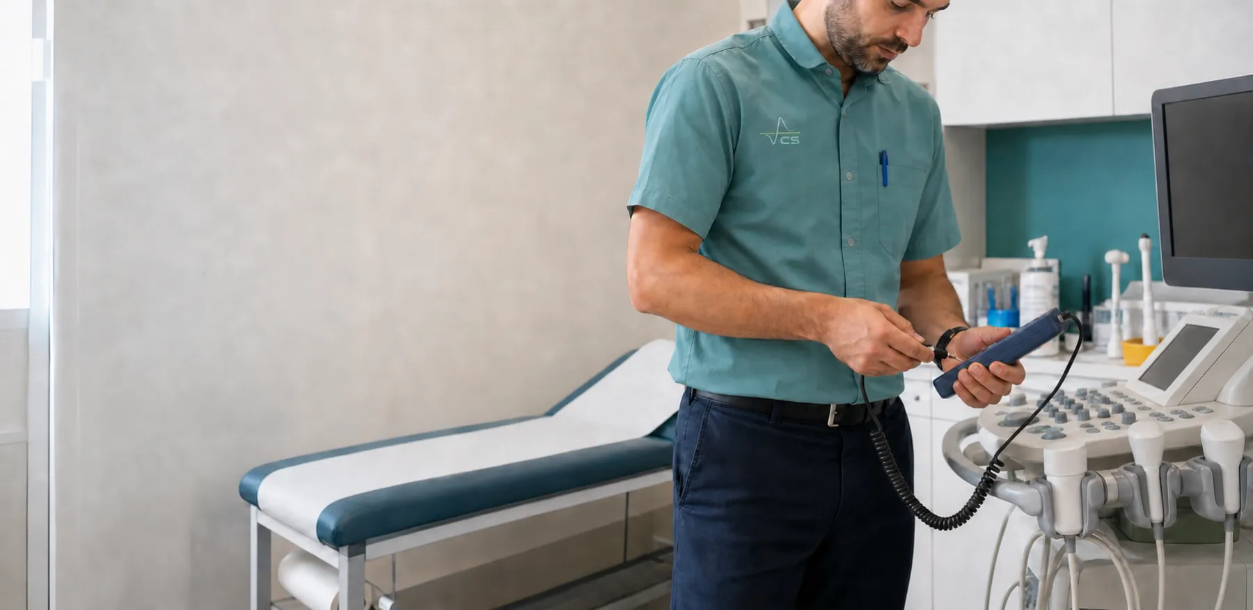 Técnico de Vericalsa verificando un equipo médico